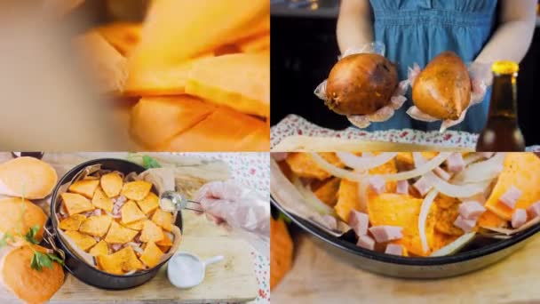 バタースイートポテトケーキの準備と4つのビデオ ジャガイモとハムとパルメザンのレシピ — ストック動画