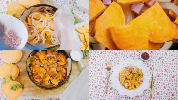 Four Videos Preparation Batat Sweet Potato Cake Potato Ham Parmesan — Stock Video