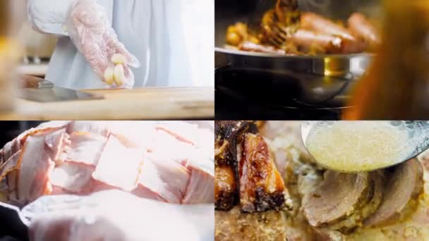 四个视频与Bacon包装的Pok Loin烘焙在应用发展经济学的配方 厨师展示了肉是多么的柔软和多汁 宏观射击 — 图库视频影像