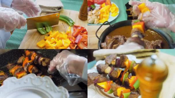 Vier Video Met Bereiding Van Gemarineerde Rundvlees Kebab Met Groenten — Stockvideo