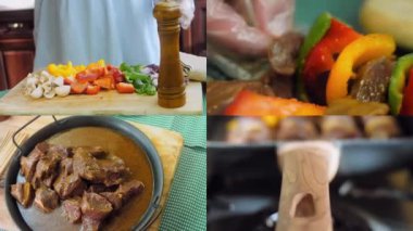 Izgarada sebzeli marine edilmiş sığır kebabı hazırlayan dört video..