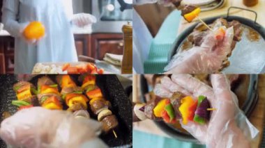 Izgarada sebzeli marine edilmiş sığır kebabı hazırlayan dört video..