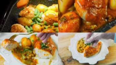 Bal Hardalı Tavuk ve VEGETABLES tarifinin hazırlandığı dört video. Retro tarzı çekim.