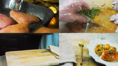 Bal Hardalı Tavuk ve VEGETABLES tarifinin hazırlandığı dört video. Retro tarzı çekim.