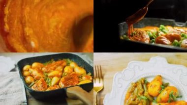 Bal Hardalı Tavuk ve VEGETABLES tarifinin hazırlandığı dört video. Retro tarzı çekim.