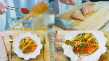 Bal Hardalı Tavuk ve VEGETABLES tarifinin hazırlandığı dört video. Retro tarzı çekim.