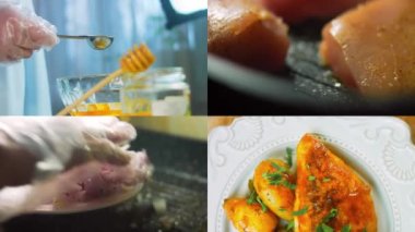 Bal Hardalı Tavuk ve VEGETABLES tarifinin hazırlandığı dört video. Retro tarzı çekim.