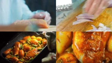 Bal Hardalı Tavuk ve VEGETABLES tarifinin hazırlandığı dört video. Retro tarzı çekim.