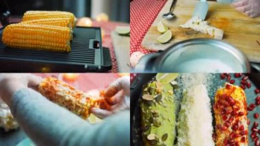 Meksika mısırının üç şekilde hazırlandığı dört video. Peynir, guacamole ve nar ezilmiş. Kaydırıcı atışı.