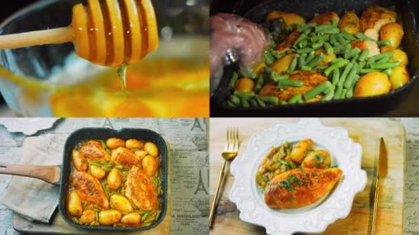Quatro Vídeos Com Preparação Mel Mostarda Chicken Receita Legumes Filmagem — Vídeo de Stock
