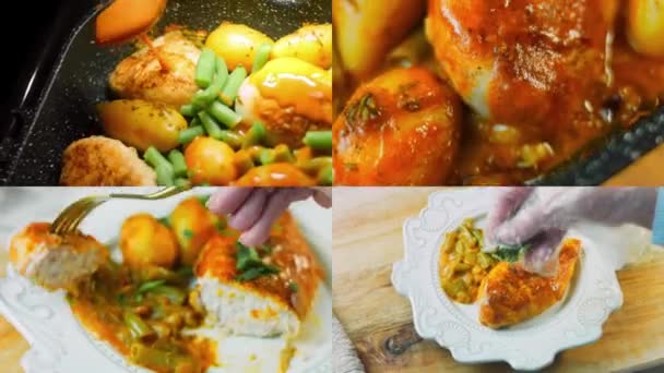 Cuatro Videos Con Preparación Honey Mustard Chicken Receta Vegetables Filmación — Vídeos de Stock