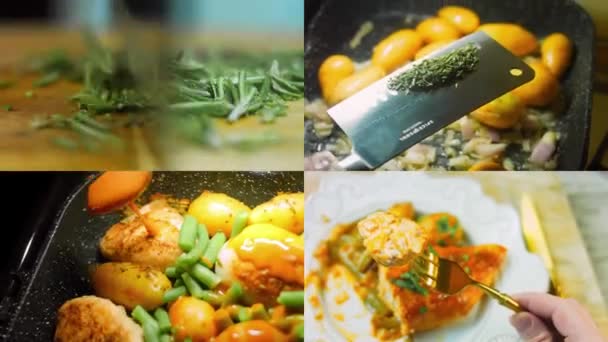ハニーマスタードチキンと野菜レシピの準備と4つのビデオ レトロな撮影 — ストック動画