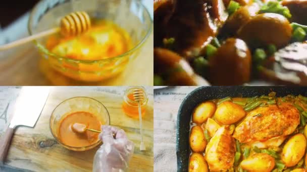 Vier Video Met Bereiding Van Honey Mustard Chicken Vegetables Recept — Stockvideo