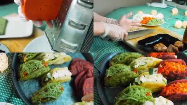 Τέσσερα Βίντεο Την Προετοιμασία Της Μεξικάνικης Σημαίας Tacos Σχηματίζει Σχήμα — Αρχείο Βίντεο