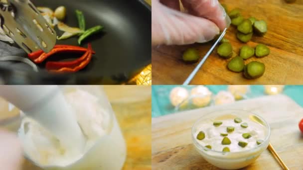 Τέσσερα Βίντεο Την Προετοιμασία Της Βελτιωμένης Σάλτσας Μαγιονέζας Ψητά Λαχανικά — Αρχείο Βίντεο
