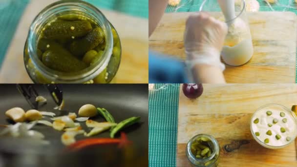 Four Videos Preparation Upgraded Mayonaisse Sauce Roasted Vegetables Marinated Cornishons — Stock Video