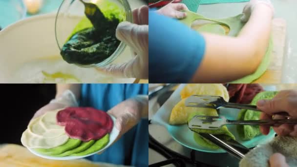 Четыре Видео Приготовлением Тортильи Подготовлены Украшены Шпинатом Свеклой Красные Зеленые — стоковое видео