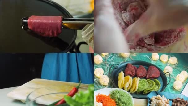 Čtyři Videa Přípravou Tortilly Připravená Zdobená Špenátem Řepou Červené Zelené — Stock video