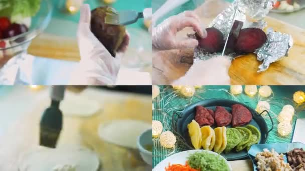 Cztery Filmy Przygotowaniem Tortilli Przygotowane Ozdobione Szpinakiem Burakami Tortille Czerwone — Wideo stockowe