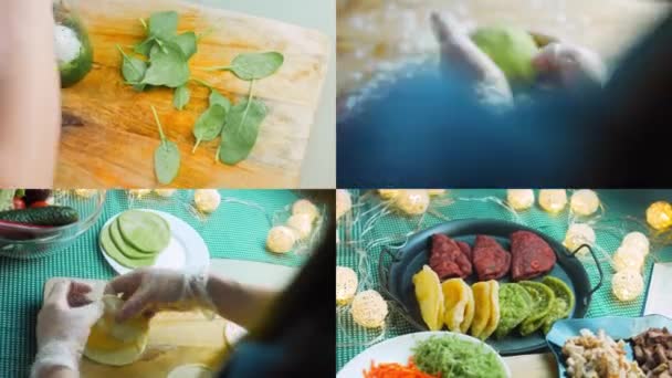 Fyra Videor Med Förberedelse Tortillas Beredd Och Dekorerad Med Spenat — Stockvideo