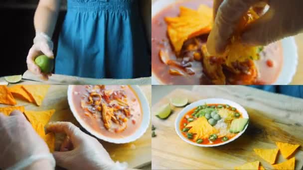 Fyra Filmer Med Tillagning Mexikansk Soppa Med Tre Sorters Ost — Stockvideo