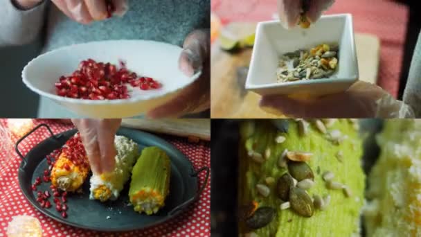 Четыре Видео Приготовлением Мексиканского Кукурузного Элота Тремя Способами Поглаженный Сыром — стоковое видео