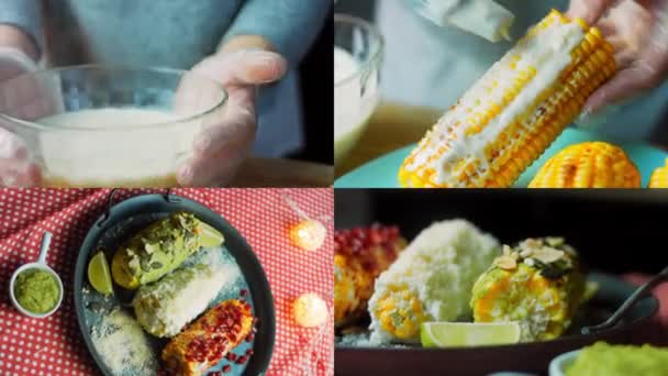 以三种方式制作了四盘墨西哥玉米粥的视频 加奶酪 瓜果酱和石榴酱 滑翔机射击 — 图库视频影像