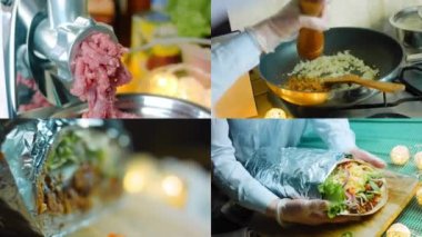 Avokado ve sucuklu çok büyük burrito hazırlayan dört video. Romantik bir ortamda çekim yapmak. Makro çekim.