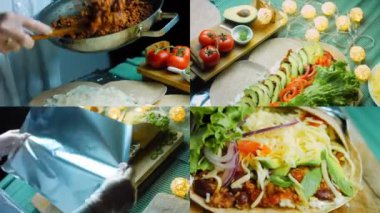 Avokado ve sucuklu çok büyük burrito hazırlayan dört video. Romantik bir ortamda çekim yapmak. Makro çekim.