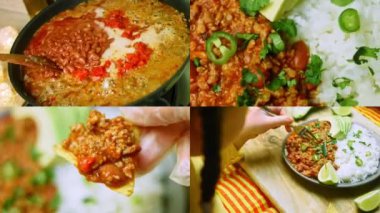 Chili con carne ve uzun pirinçli dört video. Belçika birasıyla hindiden yapılmış. Meksika mutfağı.
