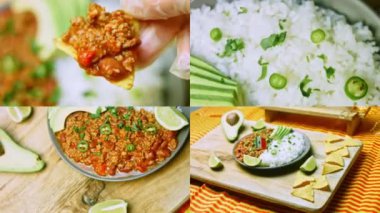 Chili con carne ve uzun pirinçli dört video. Belçika birasıyla hindiden yapılmış. Meksika mutfağı.
