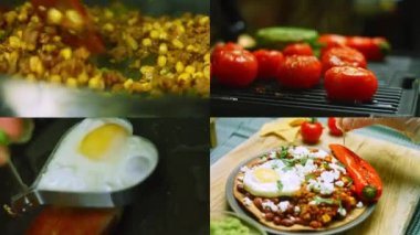 Huevos rancheros 'un kalp şeklinde yumurtayla hazırlandığı dört video. Makro ve sürgülü atış.