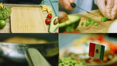 Huevos rancheros 'un kalp şeklinde yumurtayla hazırlandığı dört video. Makro ve sürgülü atış.