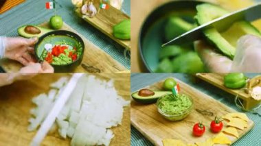 Meksika bayrağı ve nachos ile Guacamole salatası hazırlayan dört video..