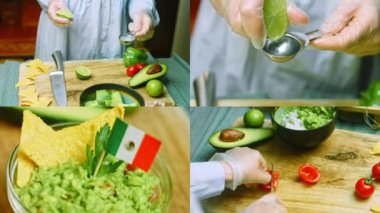 Meksika bayrağı ve nachos ile Guacamole salatası hazırlayan dört video..