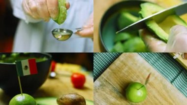 Meksika bayrağı ve nachos ile Guacamole salatası hazırlayan dört video..