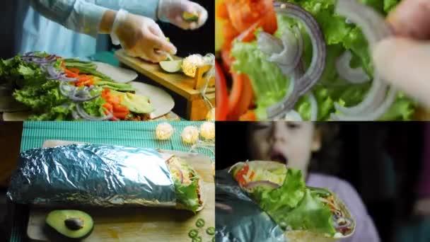 Vier Videos Mit Der Zubereitung Von Sehr Großem Burrito Mit — Stockvideo