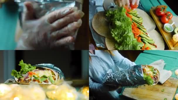 Vier Videos Mit Der Zubereitung Von Sehr Großem Burrito Mit — Stockvideo