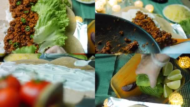 Four Videos Preparation Very Large Burrito Avocado Chorizo Meat Filming — Stock Video