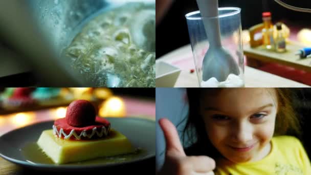 Fyra Videor Med Förberedelse Mexikanska Sombrero Cookies Karamell Flan — Stockvideo