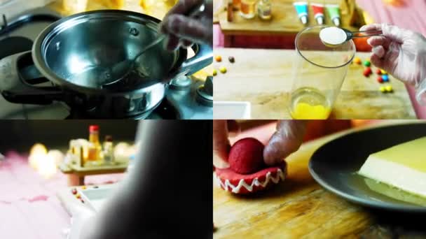 Cuatro Videos Con Preparación Galletas Sombrero Mexicano Sobre Flan Caramelo — Vídeos de Stock