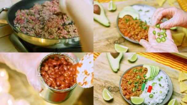 Чотири Відео Підготовки Chili Con Carne Довгим Рисом Зроблена Індички — стокове відео