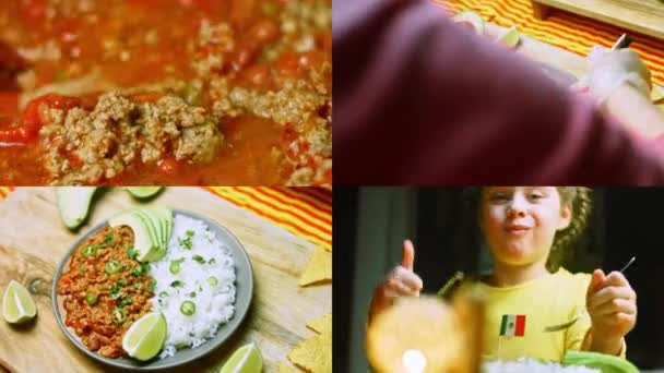 Fyra Videor Med Förberedelse Chili Con Carne Med Långt Ris — Stockvideo