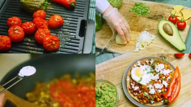 Quattro Video Con Preparazione Huevos Rancheros Con Uovo Forma Cuore — Video Stock