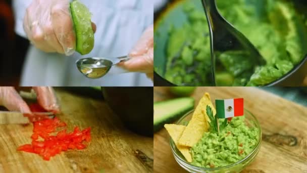 Empat Video Dengan Menyiapkan Salad Guacamole Dengan Nachos Dan Bendera — Stok Video
