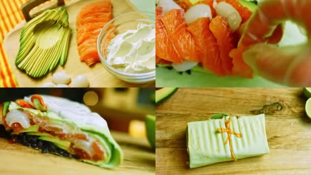 Vier Videos Mit Der Zubereitung Von Sushi Und Burritos Litschi — Stockvideo
