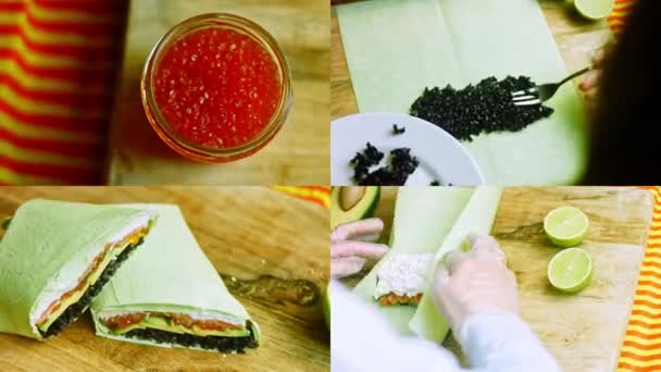 寿司とブリトーの組み合わせの準備と4つのビデオ 後味にもリッチが用いられる — ストック動画