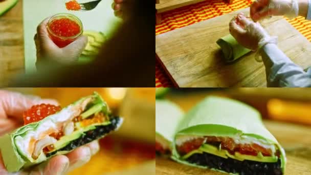 Quattro Video Con Preparazione Combinazione Sushi Burritos Litchi Utilizzato Anche — Video Stock