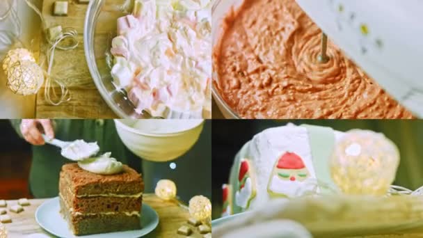 Cztery Filmy Przygotowaniem Tortu Świątecznego Piernikowymi Ciasteczkami Kształcie Świętego Mikołaja — Wideo stockowe