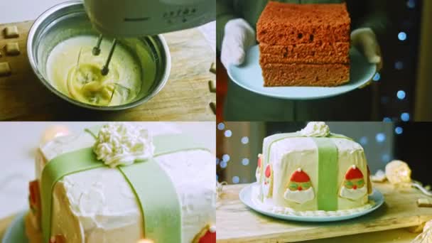 Cztery Filmy Przygotowaniem Tortu Świątecznego Piernikowymi Ciasteczkami Kształcie Świętego Mikołaja — Wideo stockowe